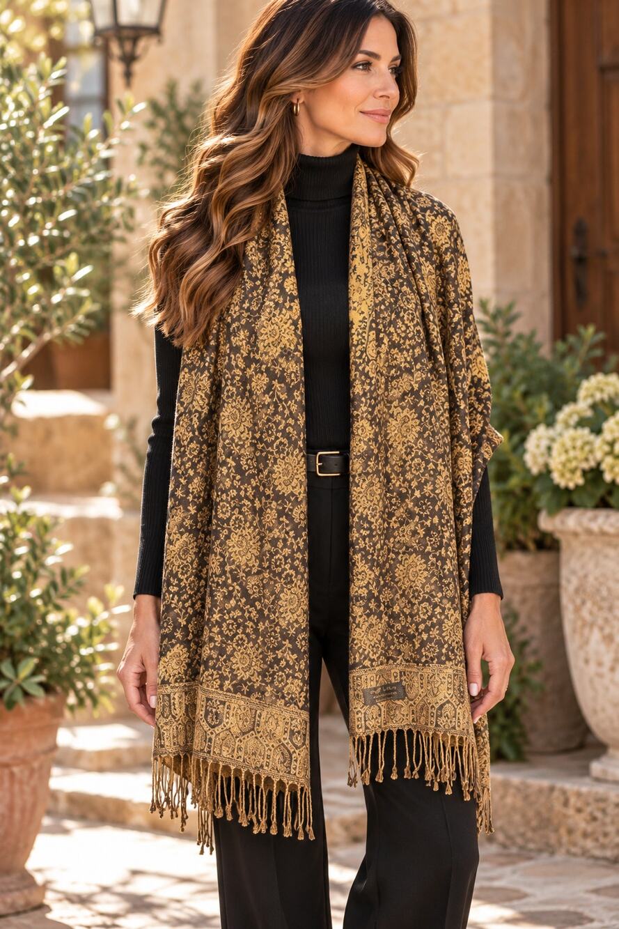 Rapti Fashion Shawl Wrap Silk Cashmere Blend Brown Floral Luxe